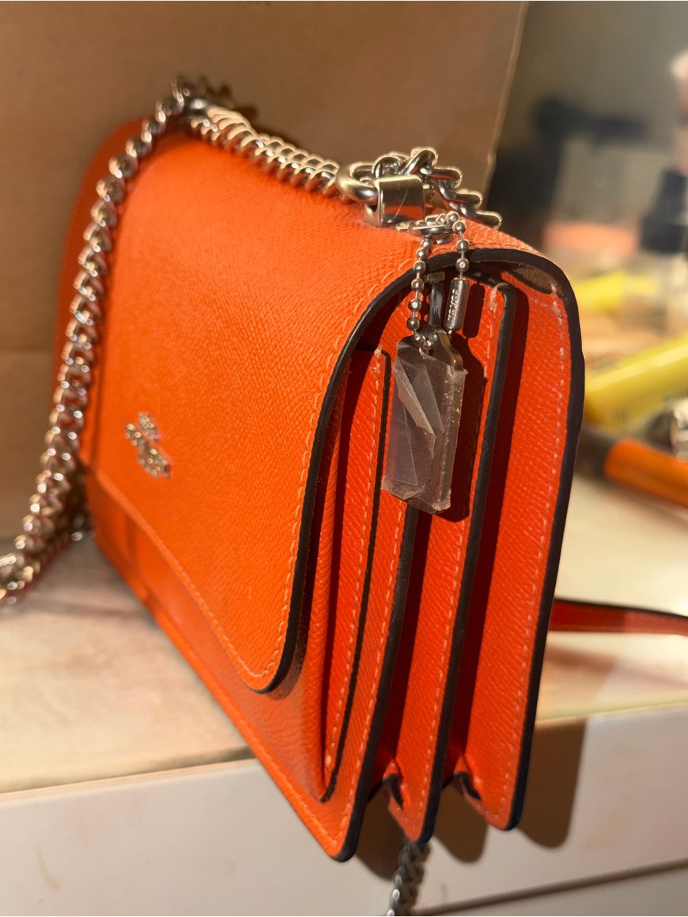 Coach Orange Leather Chain Shoulder Bag with Card Case - Picture 8 of 8